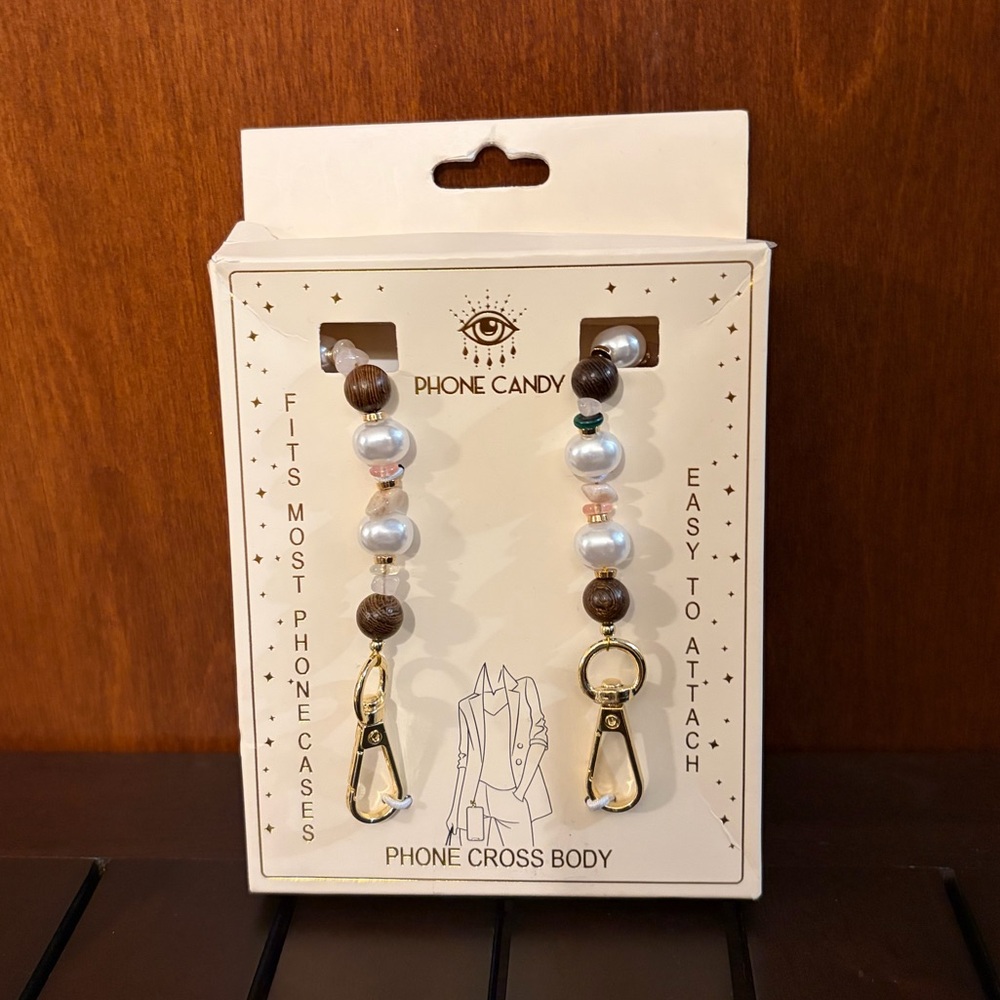 Phone Candy Phone Cross Body Strap - Pearly White & Brown Beads.